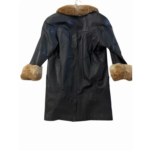Vintage Black Leather Coat Real Fur Collar Cuffs Womens Made in Korea Sz L